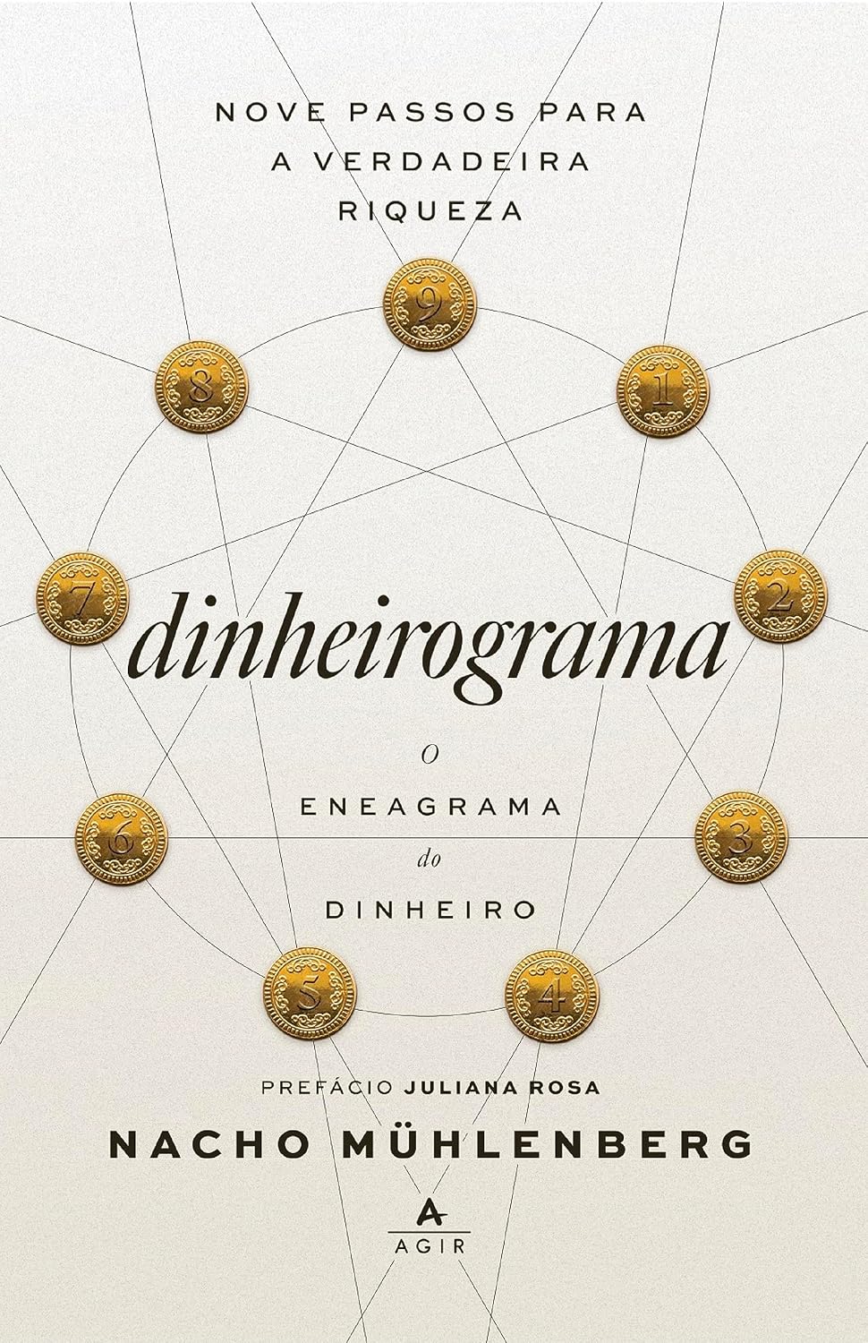Capa do livro Dinheirograma: o eneagrama do dinheiro: 9 passos para a verdadeira riqueza, de Nacho Mühlenberg. Editorial Agir, tapa mo